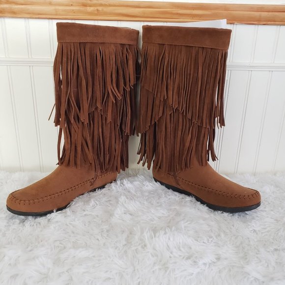 AU Air Underground Womens Moccasin Boot Sz 7 .5 M Chestnut Brown Fringe Mid Calf - Picture 2 of 9